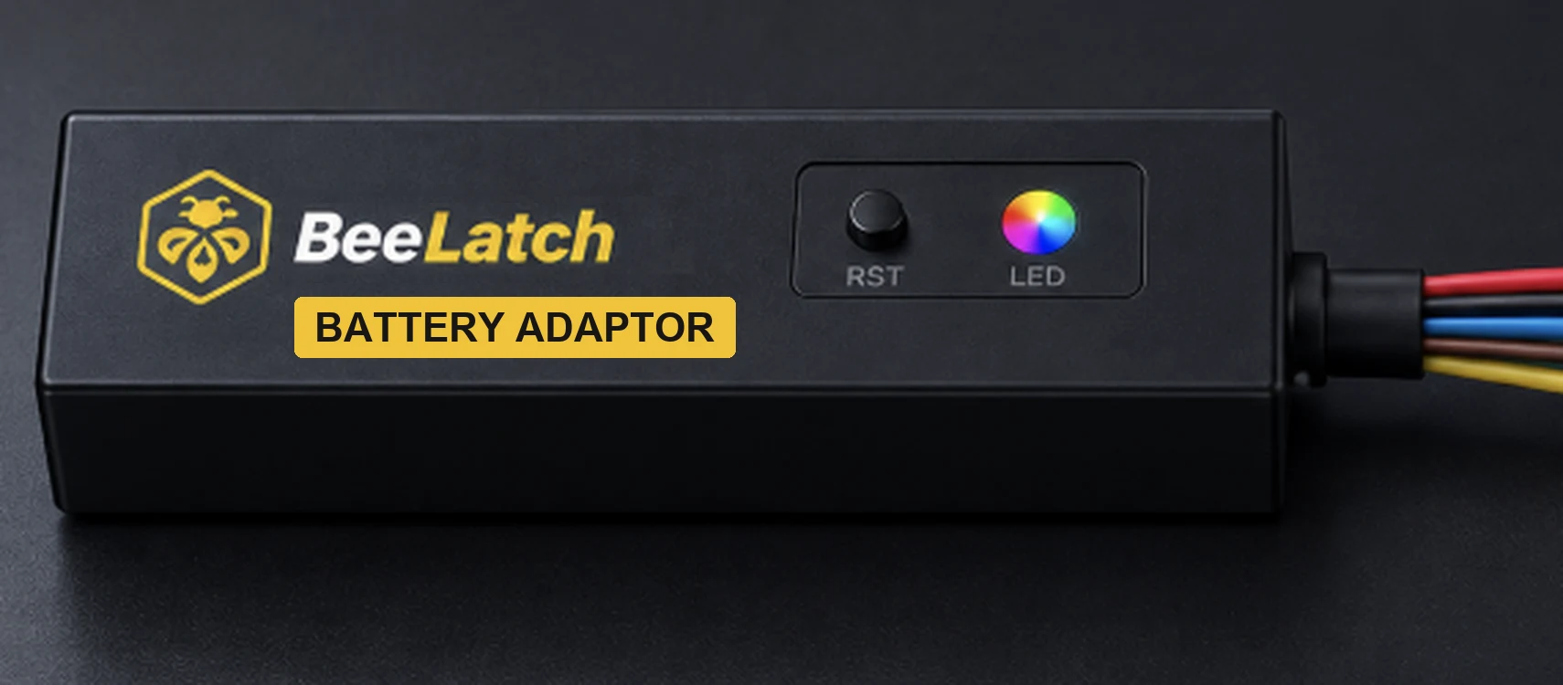 Concept render of the BeeLatch Battery Adaptor: a black BeeLatch enclosure labeled Battery Adaptor with a wire harness