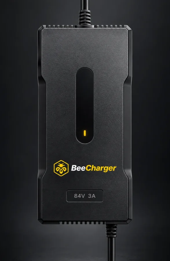 Bee Charger Lite, a compact black 3 amp charger with a yellow status light