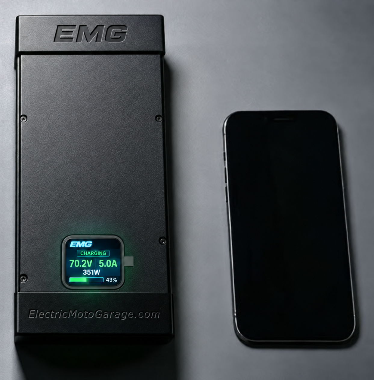 EMG programmable charger with its 1.5-inch screen showing a live charging session