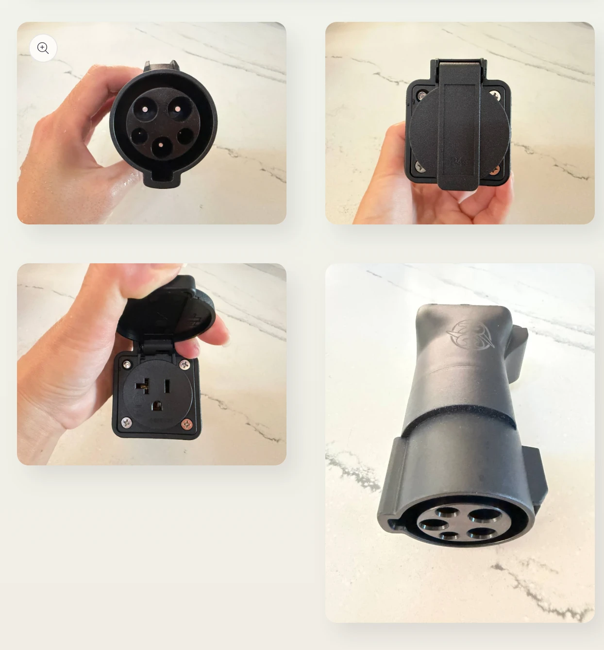 J1772 to AC outlet charging adapter, shown from several angles