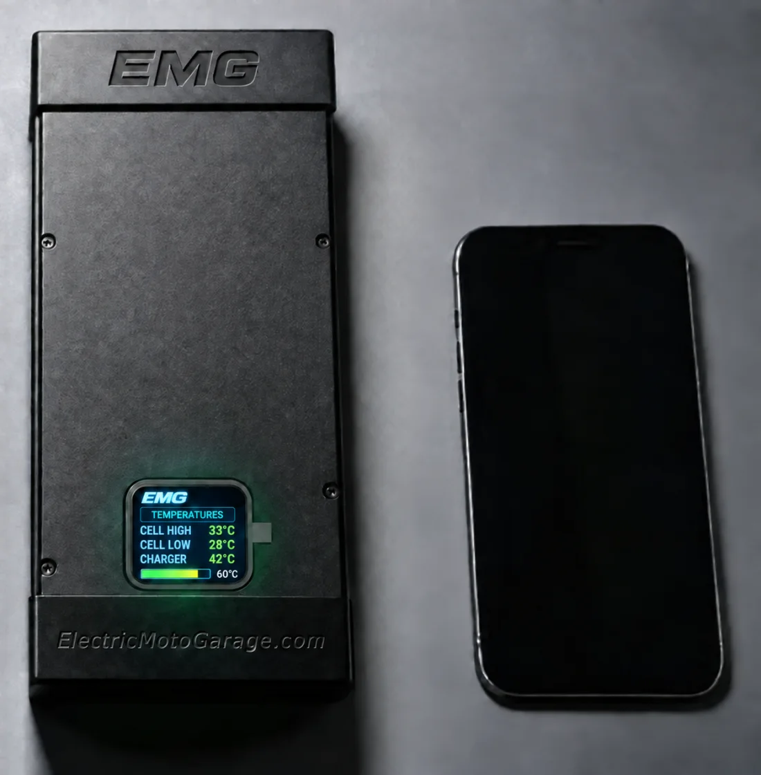 EMG charger display showing cell-high, cell-low and charger temperatures on a 60 degree Celsius scale