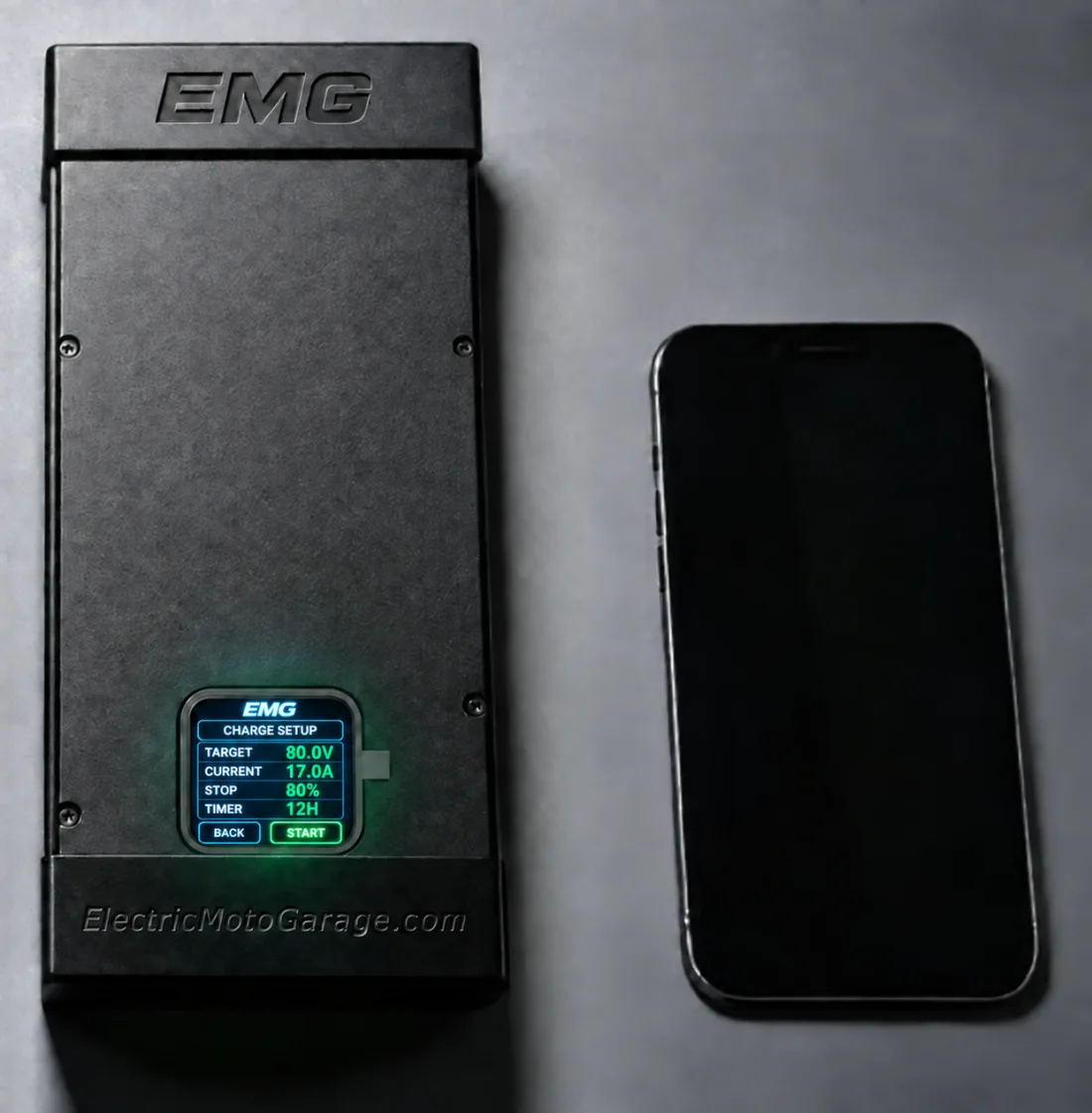 EMG charger display showing target voltage, current, stop percentage, timer and start control