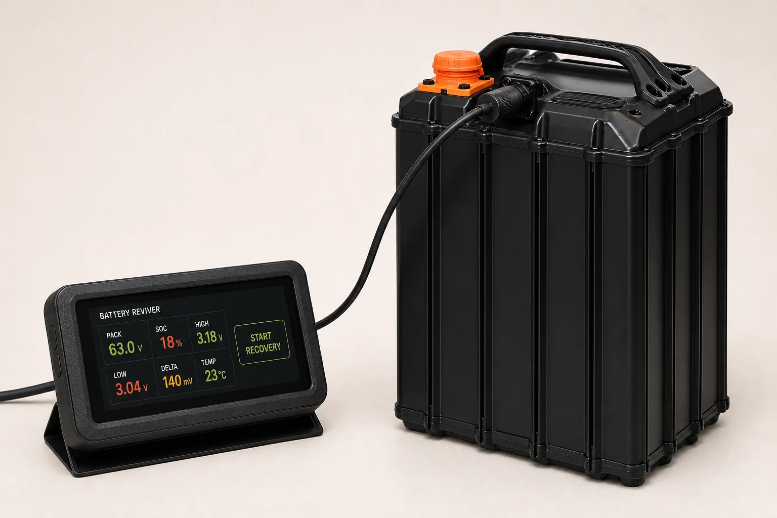 Wide-screen Bee Battery Reviver running beside an Ultra Bee battery with its diagnostic cable plugged into the round top charge and CAN port