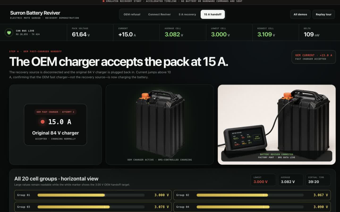 OEM charger refusal and Bee Battery Reviver recovery demonstration