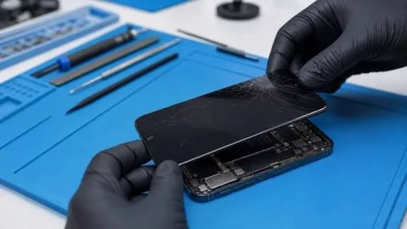 Gloved hands lifting a cracked phone screen off the phone during a screen replacement